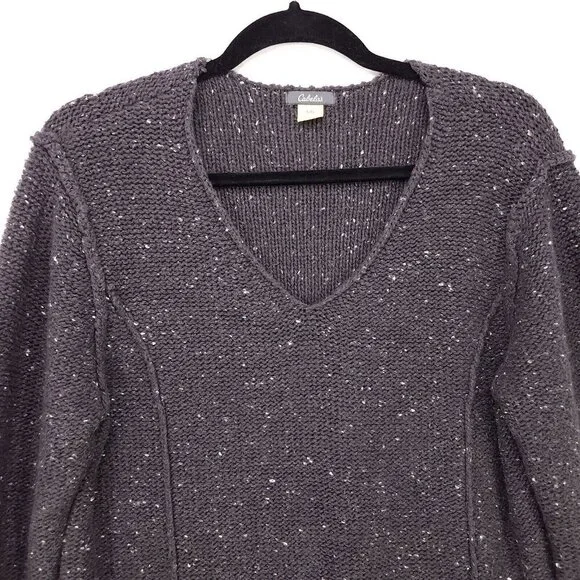Cabelas Sweater Chunky Knit Womens Large Pullover Dark Gray Swiss Dot V-Neck - Picture 3 of 10